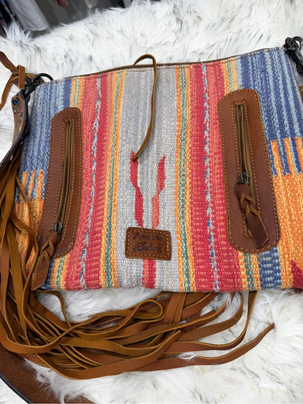 American Darling Multicolor Striped Fringe Crossbody Bag with Brown Trim